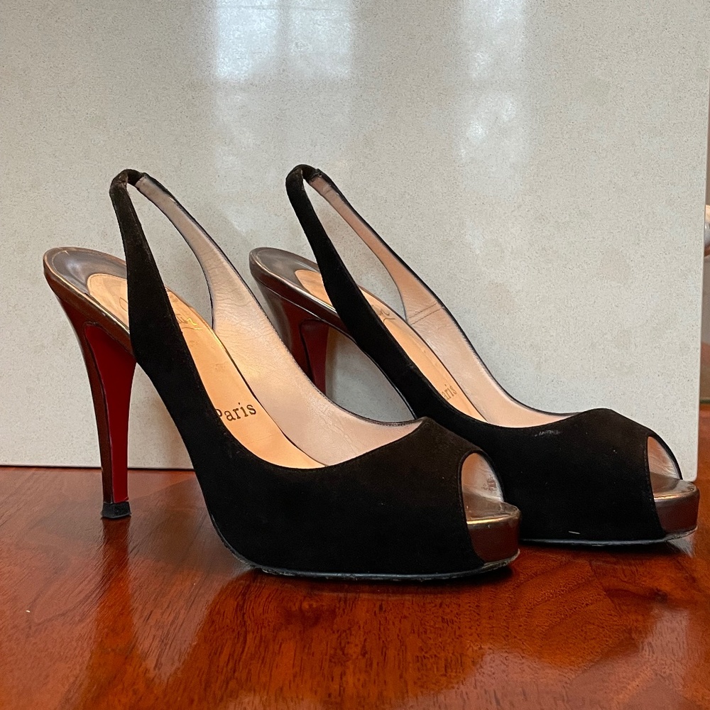 Christian Louboutin black suede sling back peep-toe heels, Size 37